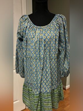 Clara The Label Blue Floral Cotton Lurex Tunic Mini Dress Small
